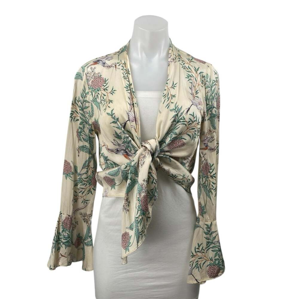 Zara Women's Cream Multicolor Floral Long Bell Sleeve Tie Blouse Crop Top XS/S